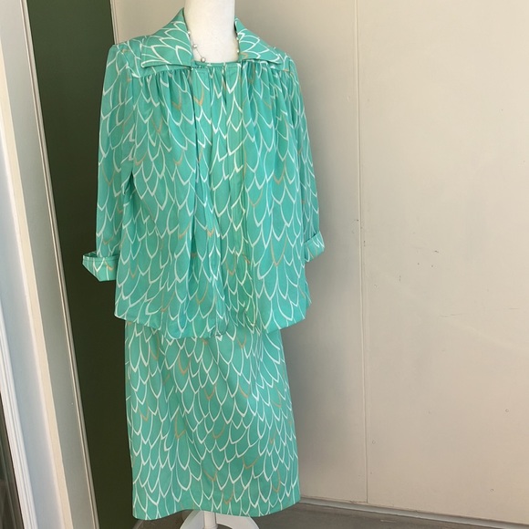 Vintage 60s 70s Sea Foam Green Printed Dress and Jacket Set - Picture 2 of 11
